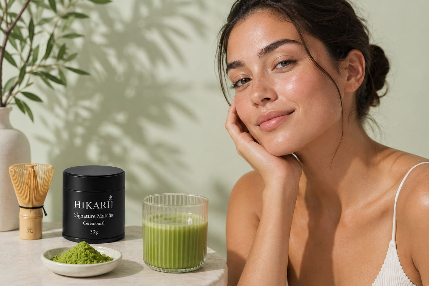 Femme à la peau lumineuse dégustant un matcha HIKARII pour une routine beauté naturelle