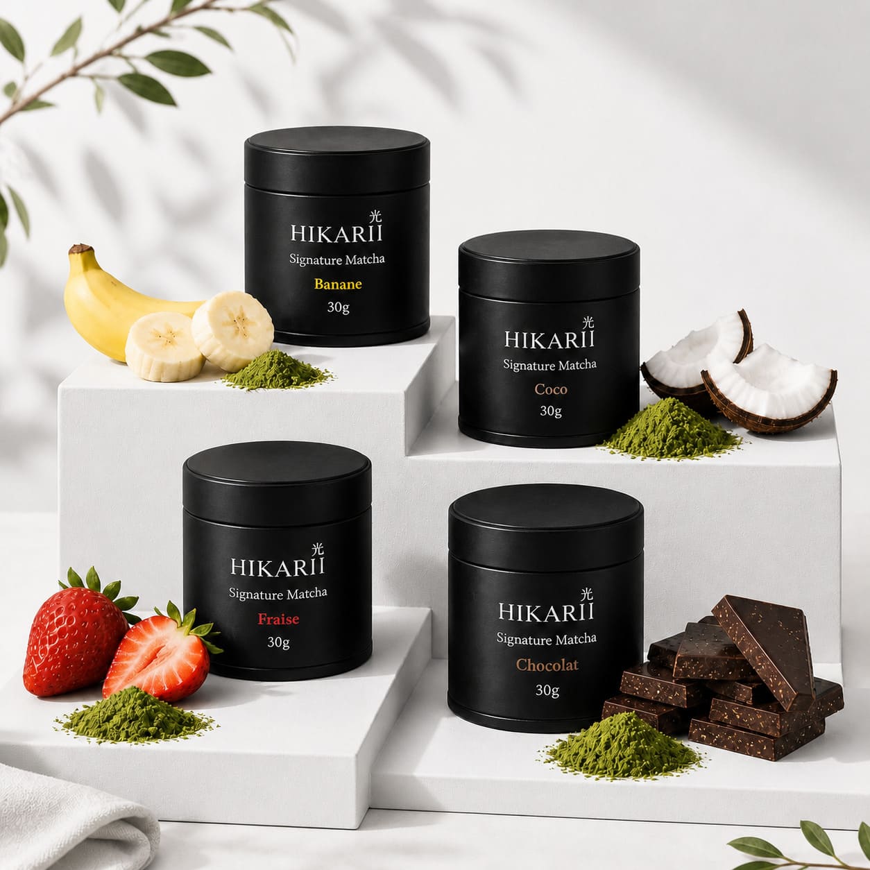 Coffret découverte matcha HIKARII 4 saveurs banane coco fraise chocolat 30g